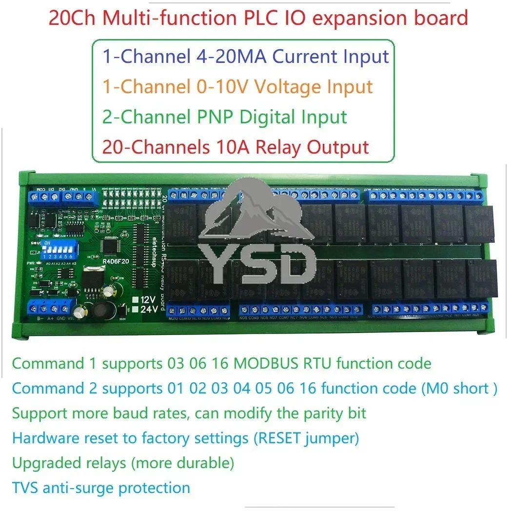 20CH Multifunction RS485 Relay Board PLC IO Expanding Module 20DO 2DI 2AI Modbus RTU 4-20MA 0-10V Current Voltage Input 24V