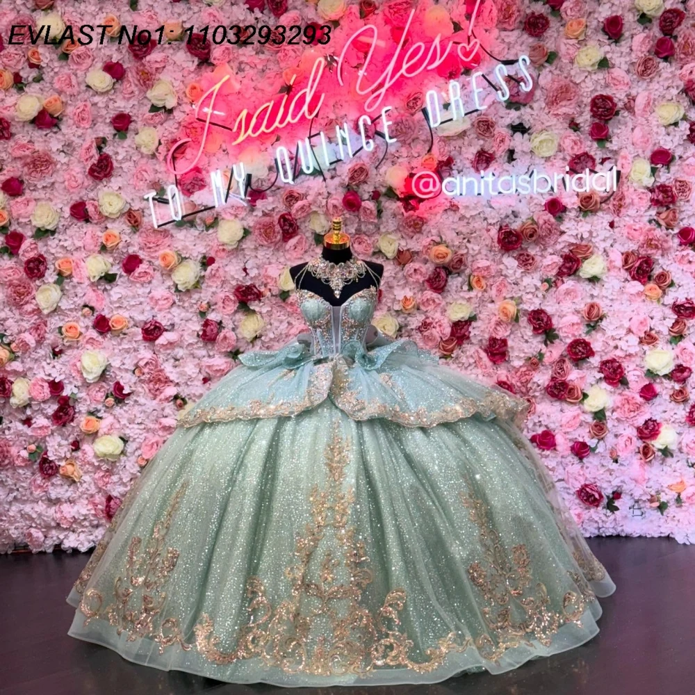 

EVLAST Customized Luxury Sage Ball Gown Quinceanera Dress Gold Lace Applique Crystal Beaded Sweet 16 Vestidos De 15 Anos E1QN146
