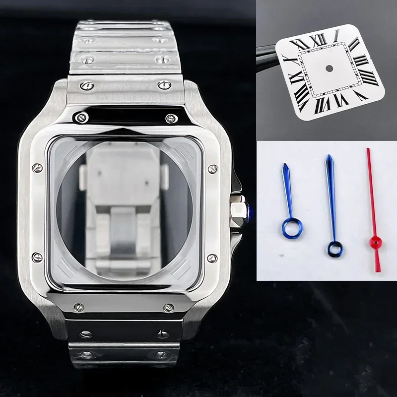 38mm Watch Case for NH35 Movement Stainless Steel Watch Case Mod Parts Fit 27mm Square Dial White Hands Double-Sided Snap Buckle