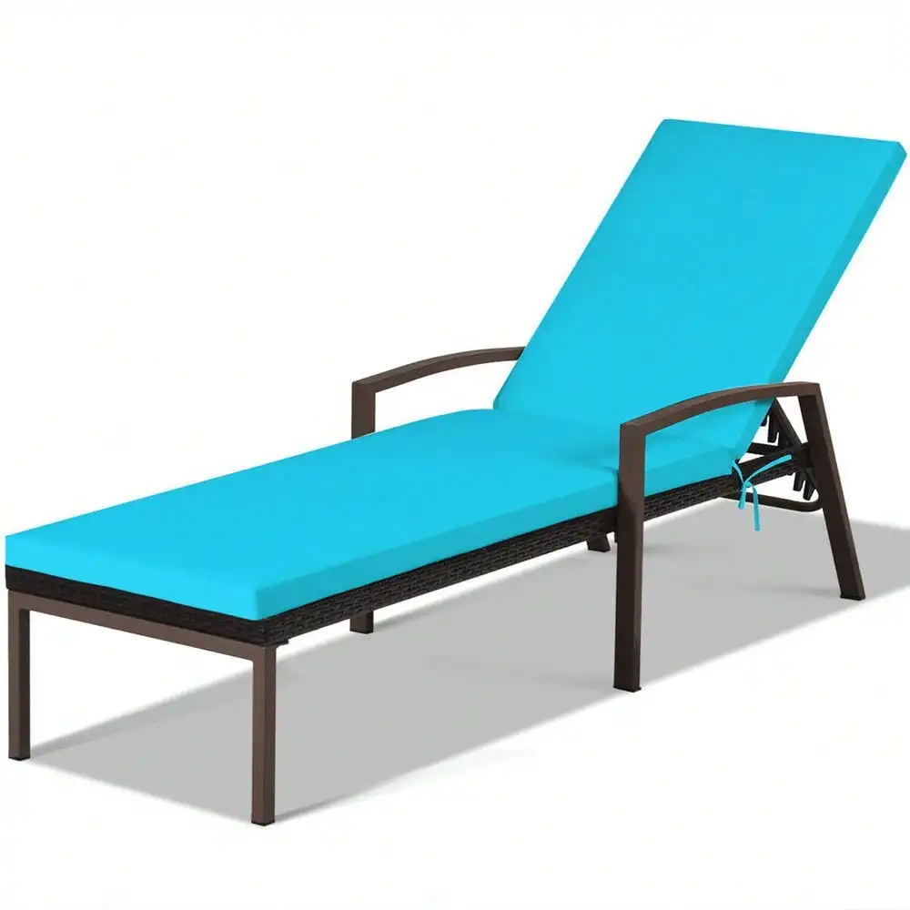2PCS Adjustable Patio Rattan Chaise Recliner Lounge Chair w/ Turquoise Cushion