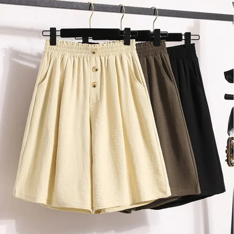 

2025 Women's Solid Color Casual High Waist Big Size Short Pants Summer Thin Style A-Line Oversized Wide Leg Five Quarter Pants