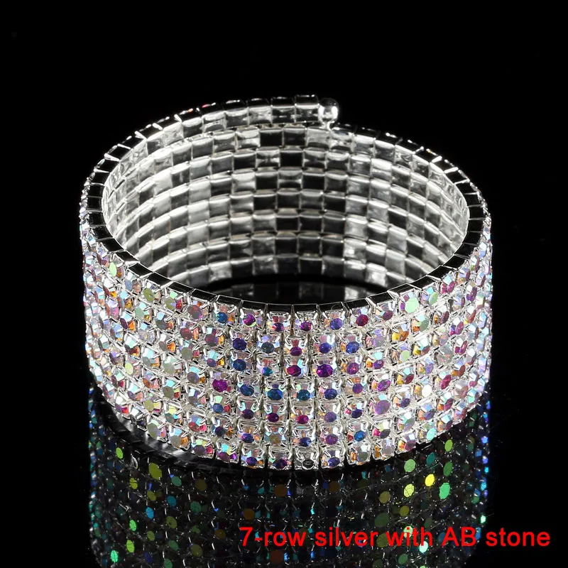 7-10 Rows Rhinestone Bangle Bracelet Silver Plated and Gold Color Metal Sparkly AB Crystal Indian Bangles for Women