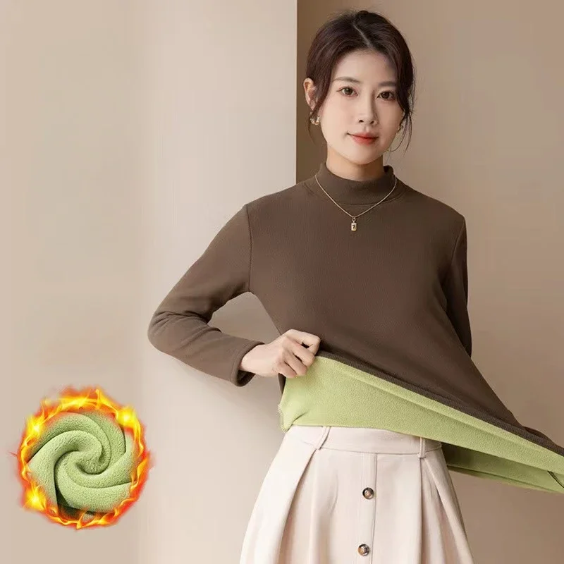 

Thermal Underwear Women Plus Velvet Thickening Women Winter Turtleneck High Elastic Slim-fit Bottom Shirt Long-Sleeved Pullover