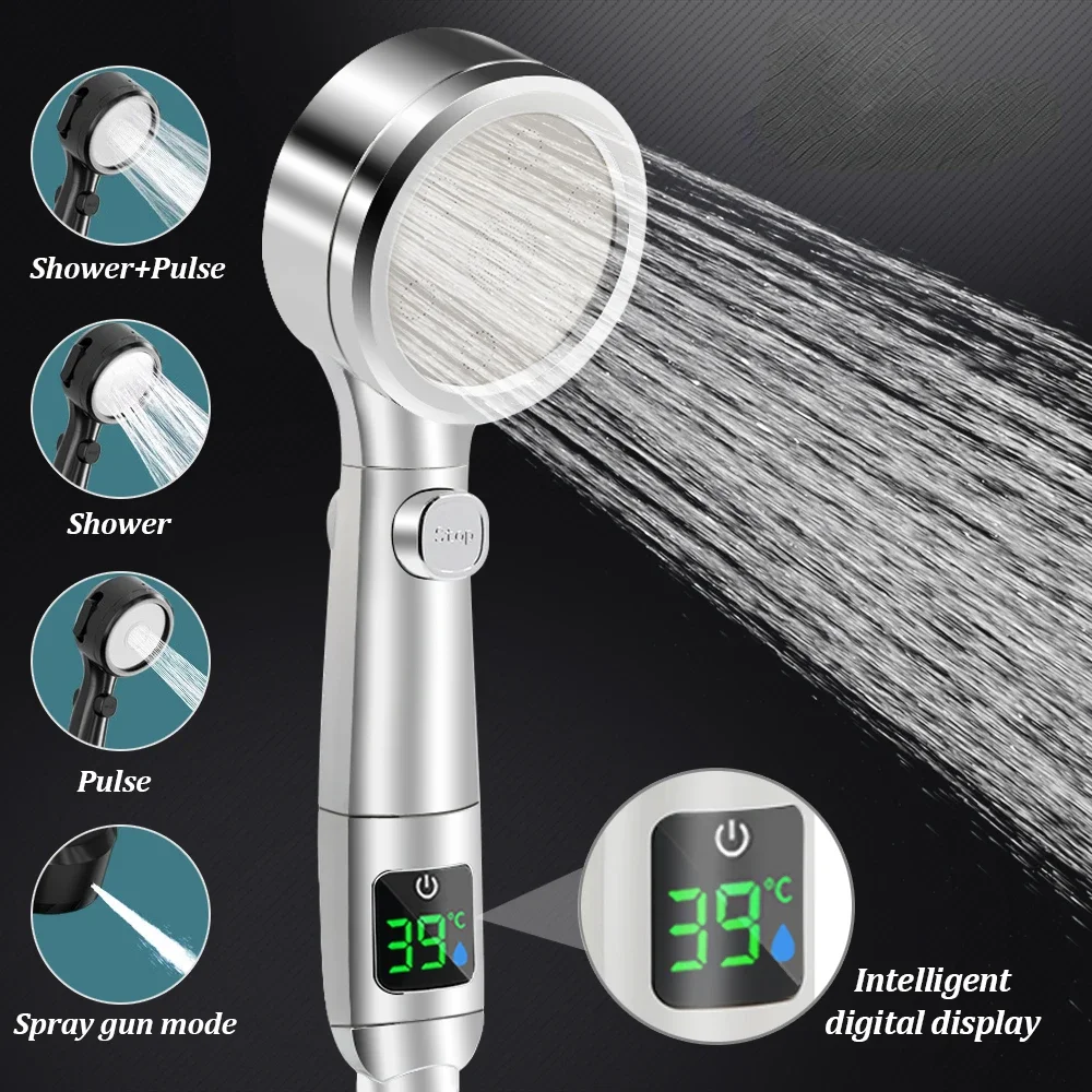 Smart 4-mode adjustable shower head LED temperature display shower head Adjustable shower Water-saving bathroom accessories