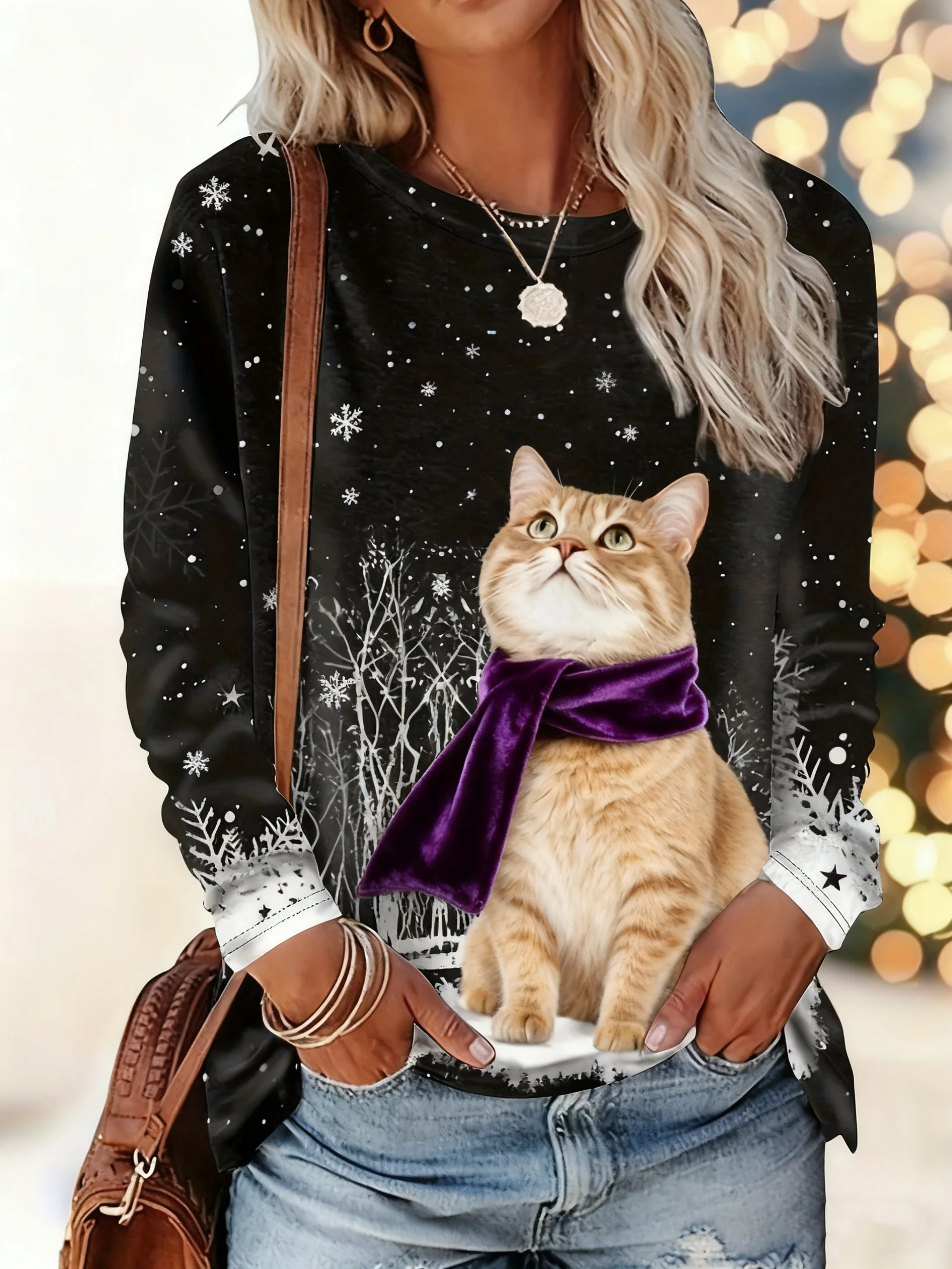 Autumn Snowflake Kitten 3d Print Long Sleeve T-Shirt Women's Clothing Long Sleeve T-shirt Fashion Oversized Tops Tees Female
