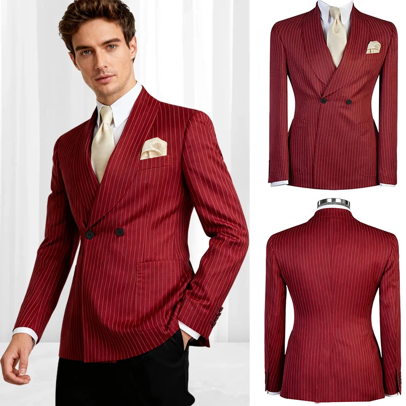 

Solid Striped Men's Suit Jacket Double Breasted Slim Fit Business Tailored Formal Male Coat Banquet Wedding Groom's Tailcoat
