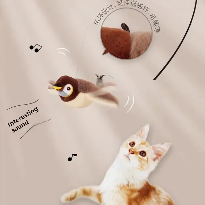 New Interactive Cat Toy Flying Bird Cats Toy Flapping Wings Sparrow Catnip Lifelike Chirp Simulated Bird Interactive Cat Toy Pet