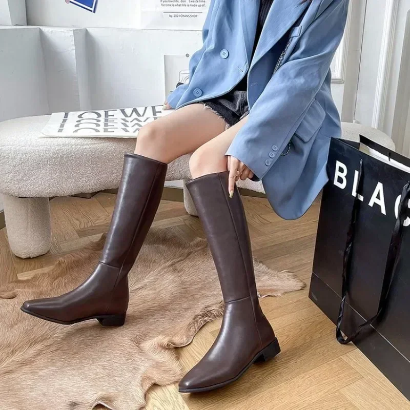 2024 New Winter Knee High Boots Women Shoes Genuine Leather Black Western Tall Long Chelsea Boots Female Trends Shoes