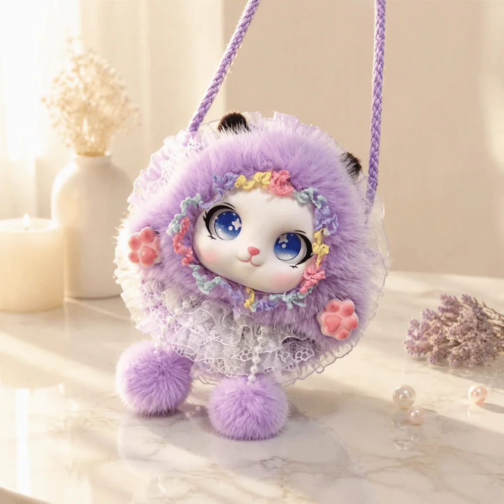 Lolita Style Handmade Plush Crossbody Bag Lace Decor Pom-Pom Cartoon Animal Coin Purse Tassel Sweet Kids Shoulder Pouch Travel