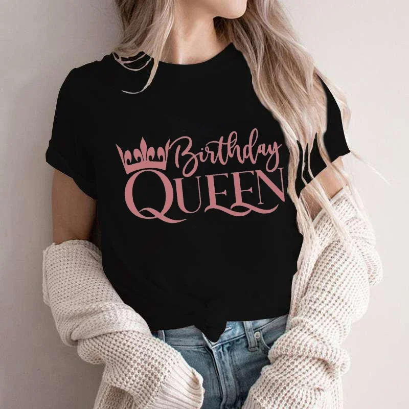 Clothes for Women Birthday Squad Queen T-shirts Friends Birthday Party Crew Tops Short Sleeve Tees Graphic Oversized Streetwear