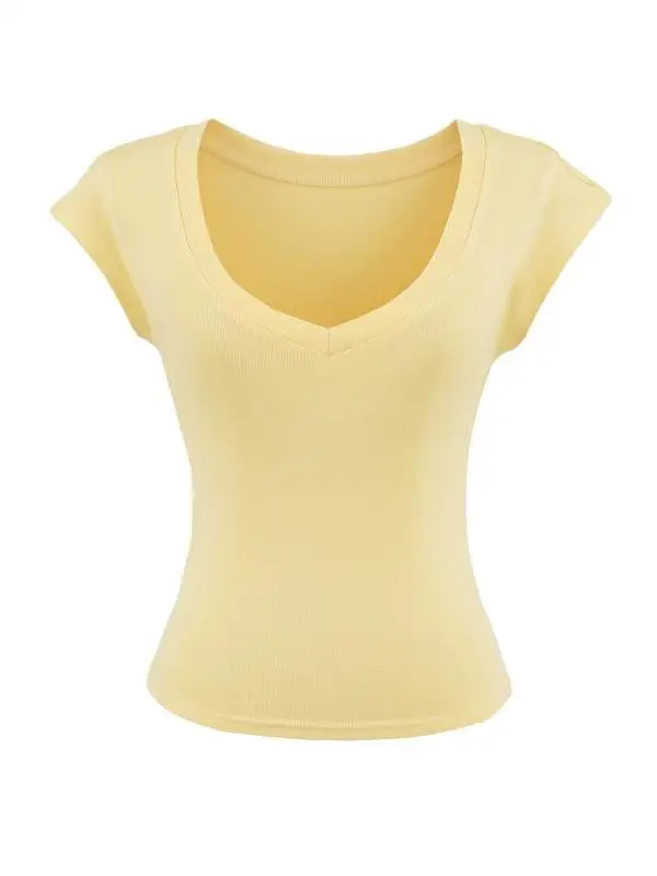 Street Sle Heart Collar ort Sve T-Shirt Taille Cinching Belly Baring Fly Sve American Retro V Ne Sommer Top