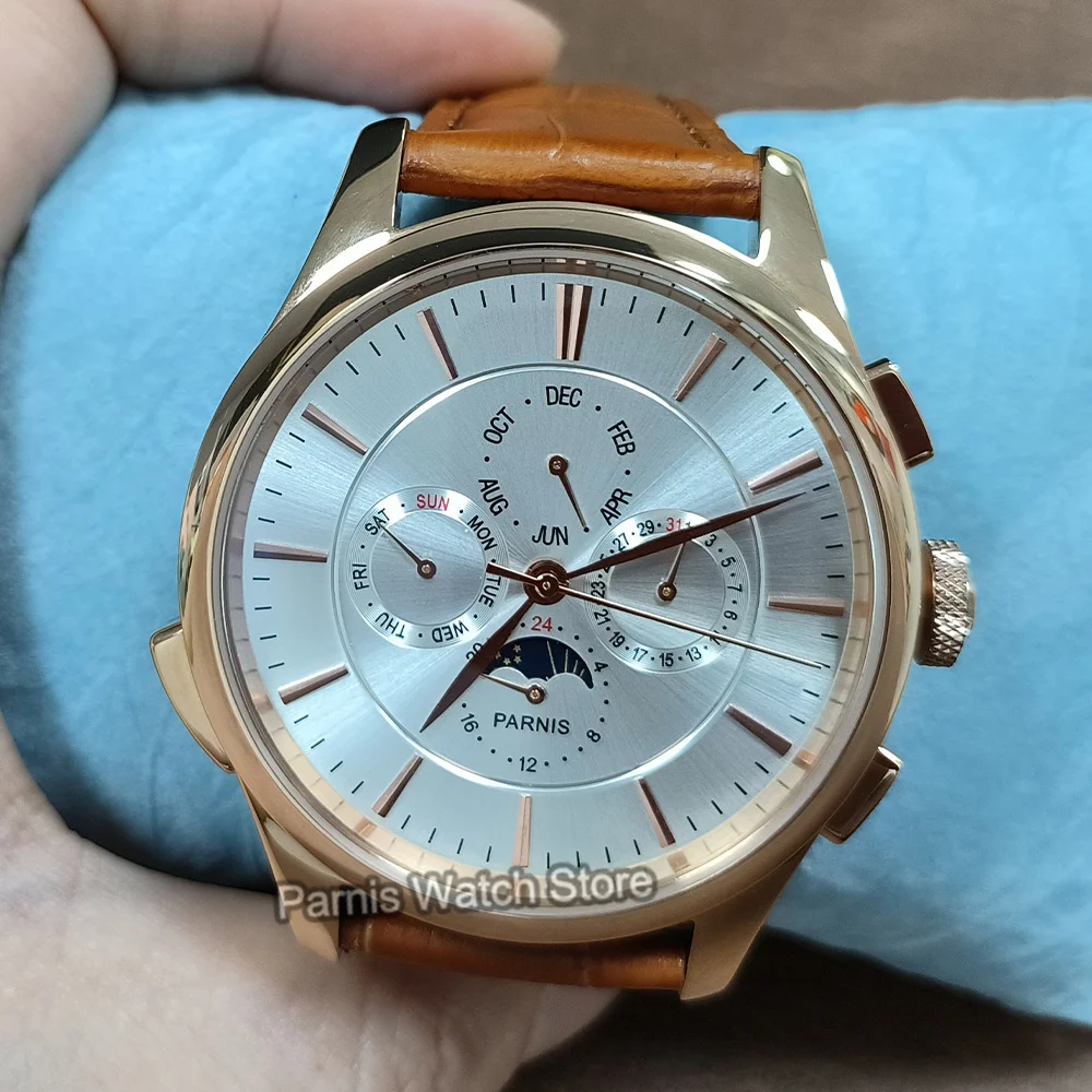 Parnis 45mm Herrenuhr Roségold Weißes Zifferblatt Seagull1652 Automatische mechanische Skala Kalender Lederarmband Herren Sportuhren