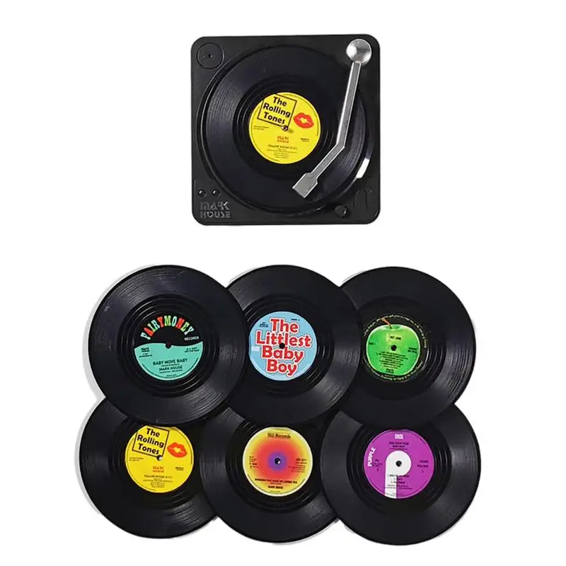 6pcs Retro Vinyl Record Cup Coaster Anti-slip Coffee Coasters Heat Resistant Music Drink Mug Mat Table Placemat