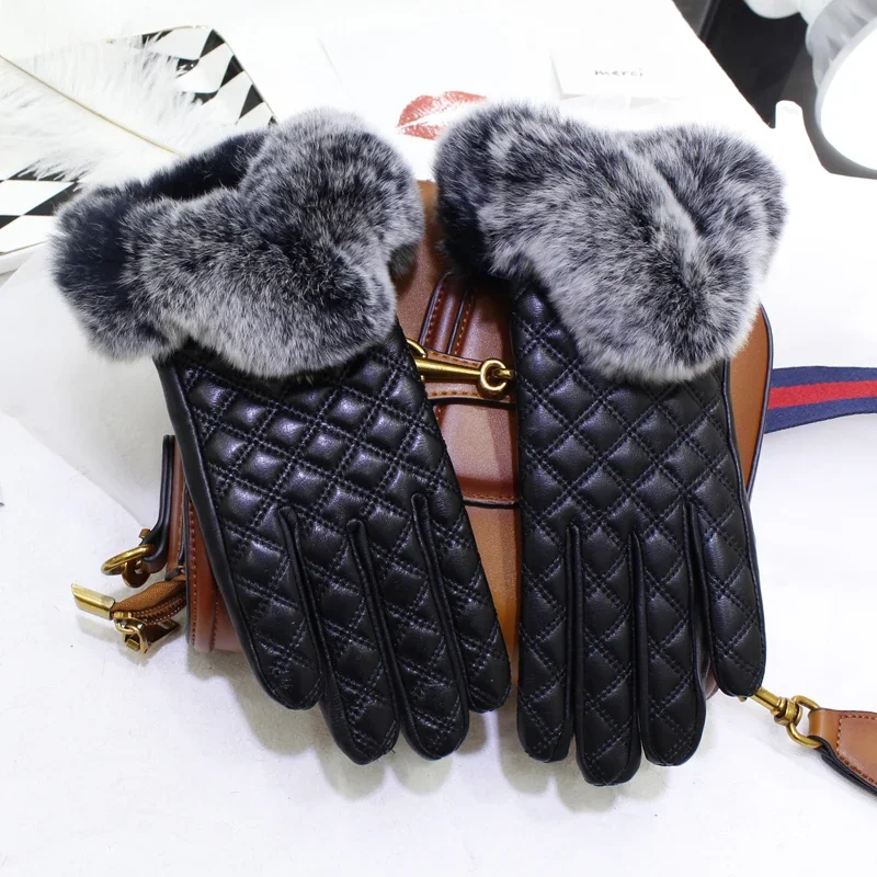 2023 AW High Quality Rex Rabbit Sheepskin Gloves Women's Warm Plus Velvet Thickened Touch Screen Genuine Leather Gloves