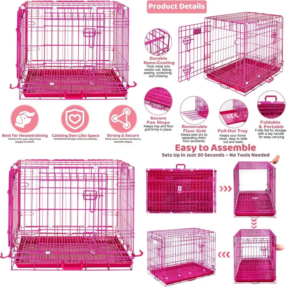 

24-дюймовый розовый складной металлический вольер для собак мелких пород со съемным дном, герметичным поддоном, двойными замками и ручкой для переноски