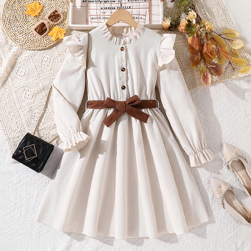 

Платье бежевое с рюшами для девочек 8-12 лет, с пуговицами спереди/поясом-бантом и однотонной спинкой, повседневный осенний наряд для детей