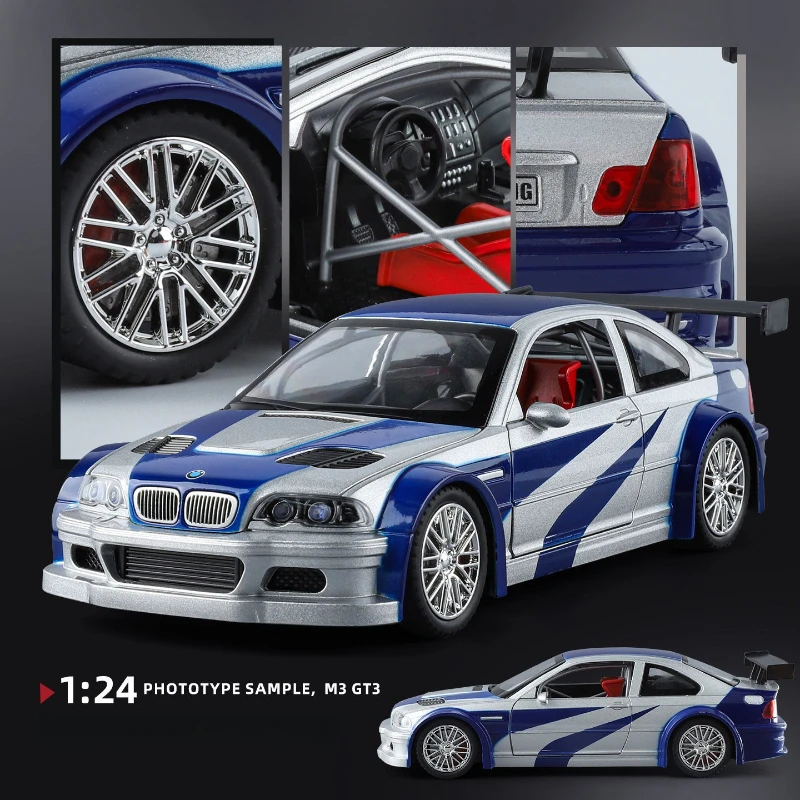 

1:24 M3 GTR E46 Sports Car Alloy Metal Diecast Car Model Toy Sound & Light Vehicle Toys For Boy Children Gifts