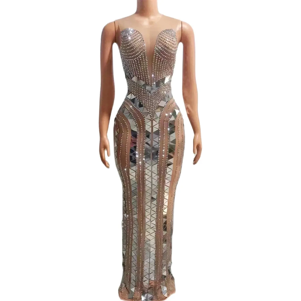 

Sexy Flashing Rhinestones Silver Sequins Mirror Transparent Jumpsuit Evening Birthday Celebrate Costume Dance Party Bodysuit