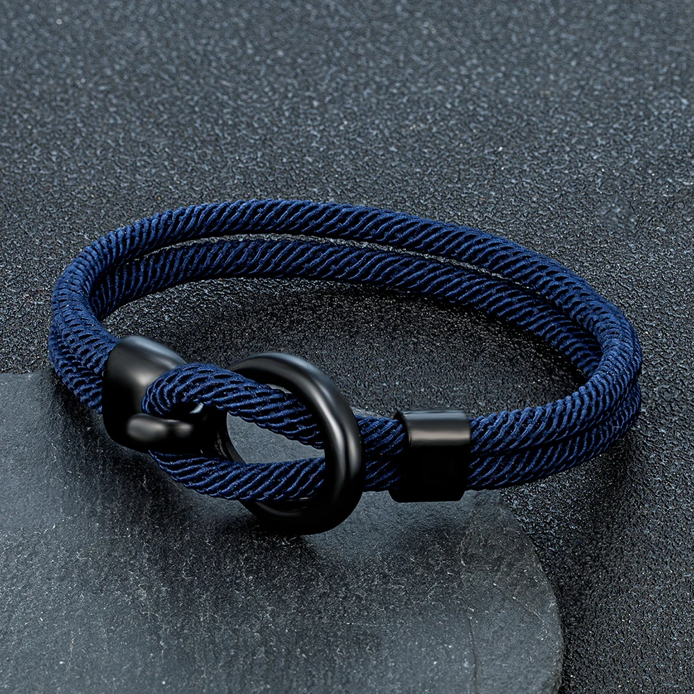 MKENDN Outdoor Style Braided Rope Bracelets Men Double Strand Nautical Survival Rope Bracelet Women Black Stainless Steel Hook