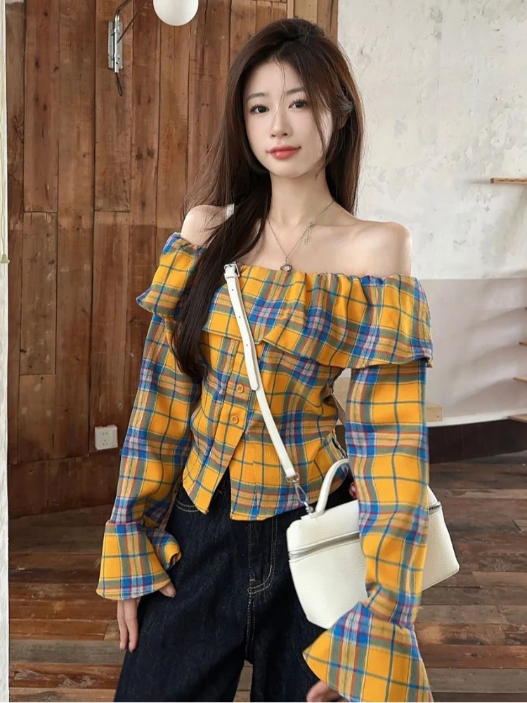 Y2k Gyaru Blusen Slash Neck Flare Hülse Plaid Rüschen Frühling Herbst Shirts Weibliche Dünne Mode Design Alle Spiel Frauen Kleidung