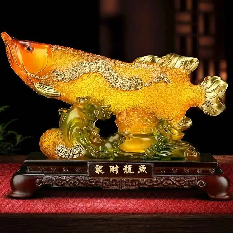 Resin Feng Shui Gold Arowana Statue Wealth Luck Fish Sculpture  Home Office Decor Golden Dragon Fish Ornament Figurine Gift