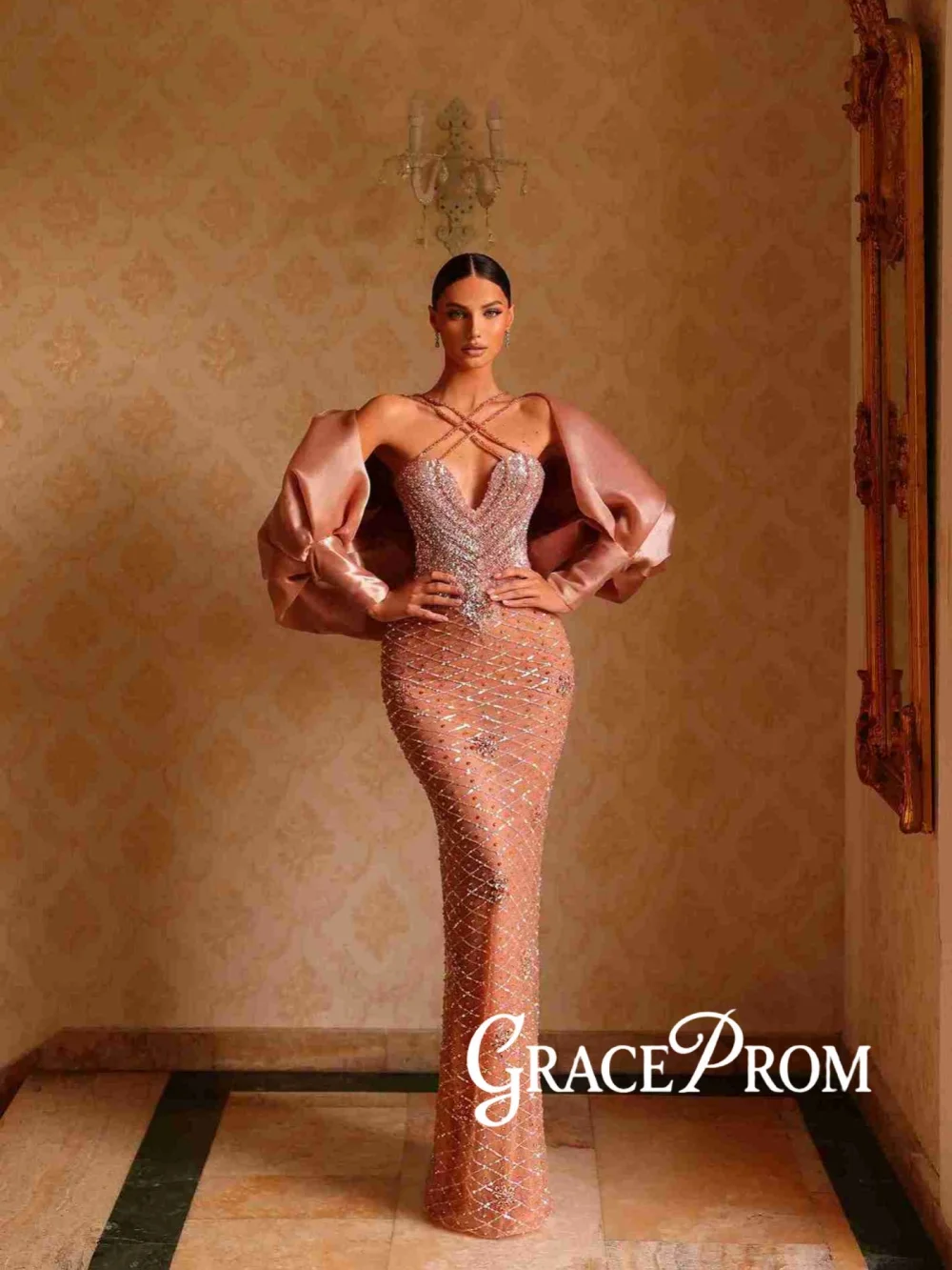 

Long Luxurious Beaded Evening Dress With Peach Cape Charming Illusion Straight Wedding Party Gown Customized New Banquet Gowns