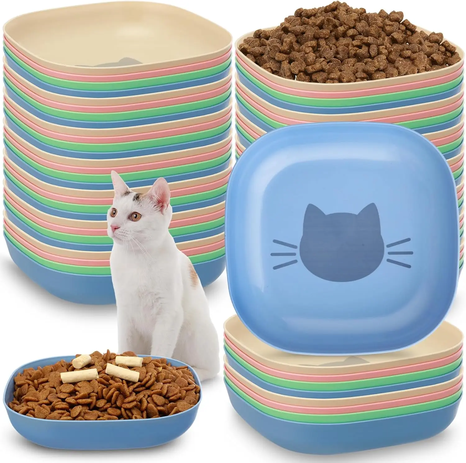 24 Pcs Shallow Cat Food Dish, 5.7 Inch Wide Wet Feeding Bowl for Kittens and Small Pets in Blue, Green, Pink, Beige