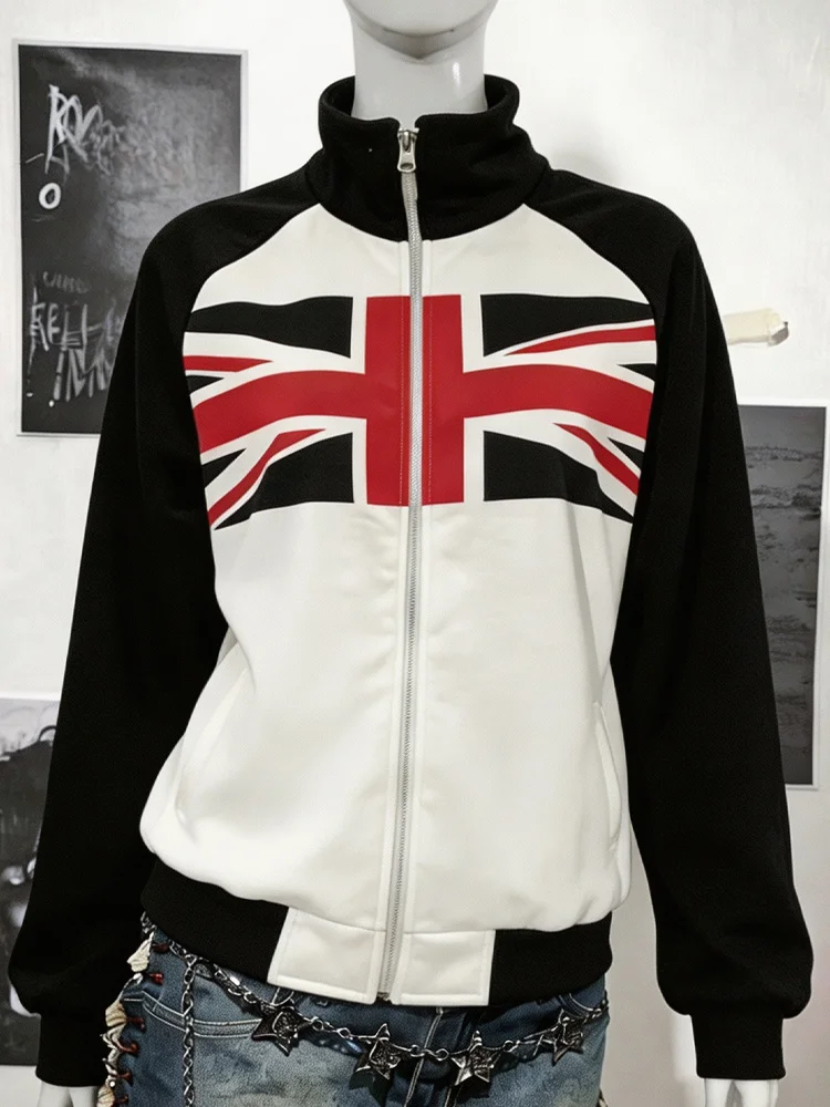 Autumn Winter Unisex Y2K Subculture Aesthetic Union Jack Print Hoodie Zip-Up Collar Color Blocking Long Sleeve Sweatshirt