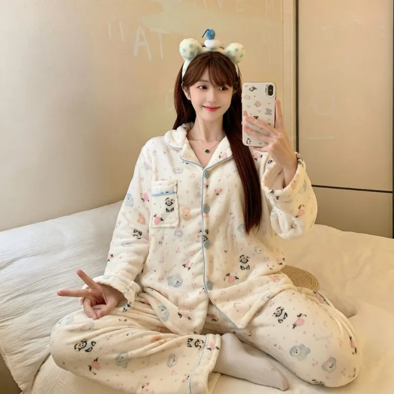 Sweet Cute Dog Print Pajamas Set Korean Kawaii Casual Cartoon 2 PC Women's Pajamas Set Winter Thick Warm Coral Fleece Nightwear