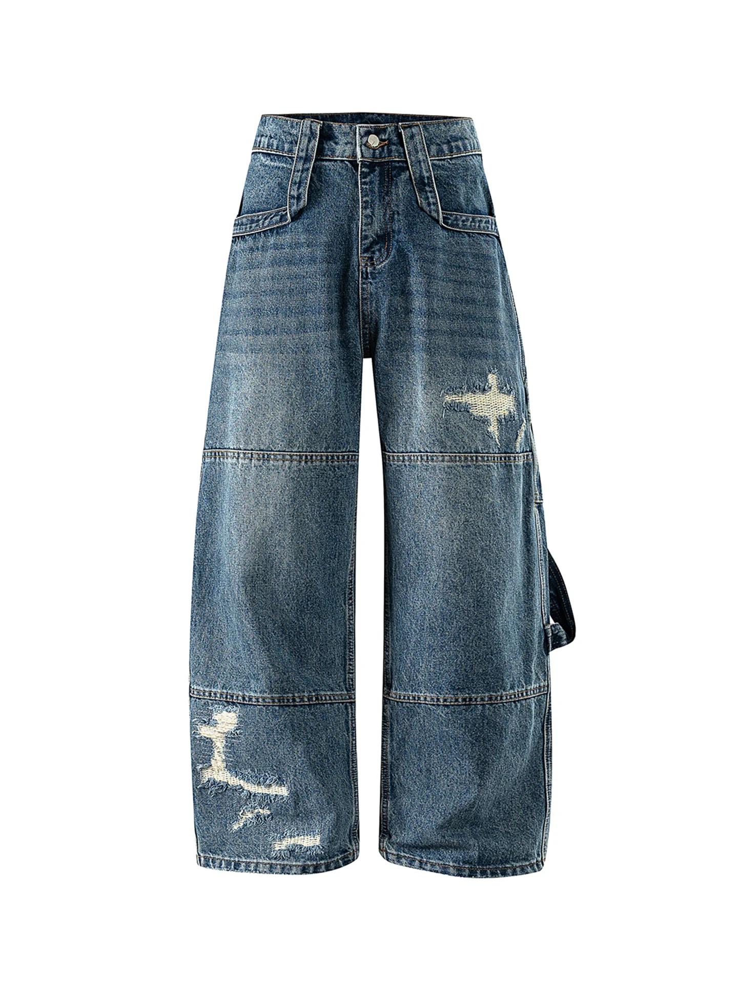 

Retro American Distred Patchwork Straight Leg Jeans Men's Spring Street Loose Wide Leg Versatile Long Pants Casual Trousers