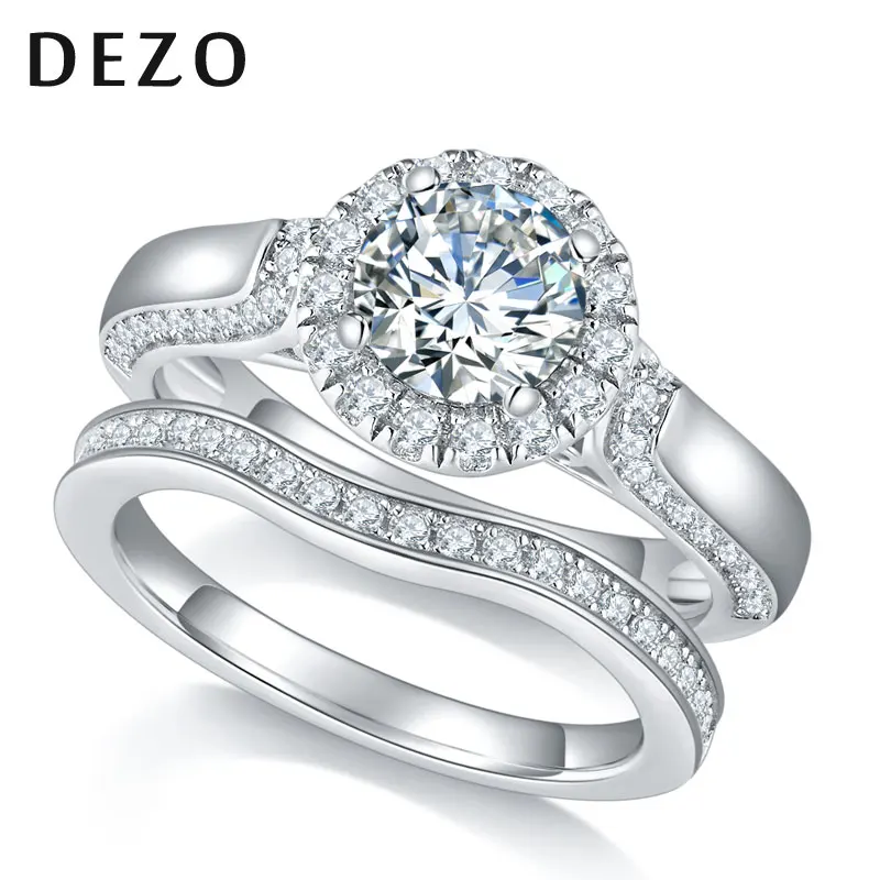 

DEZO Total 1.62ctw Moissanite Wedding Rings Set For Women Solid 925 Silver Engagement Ring VVS1 D Color Round GRA Certificate