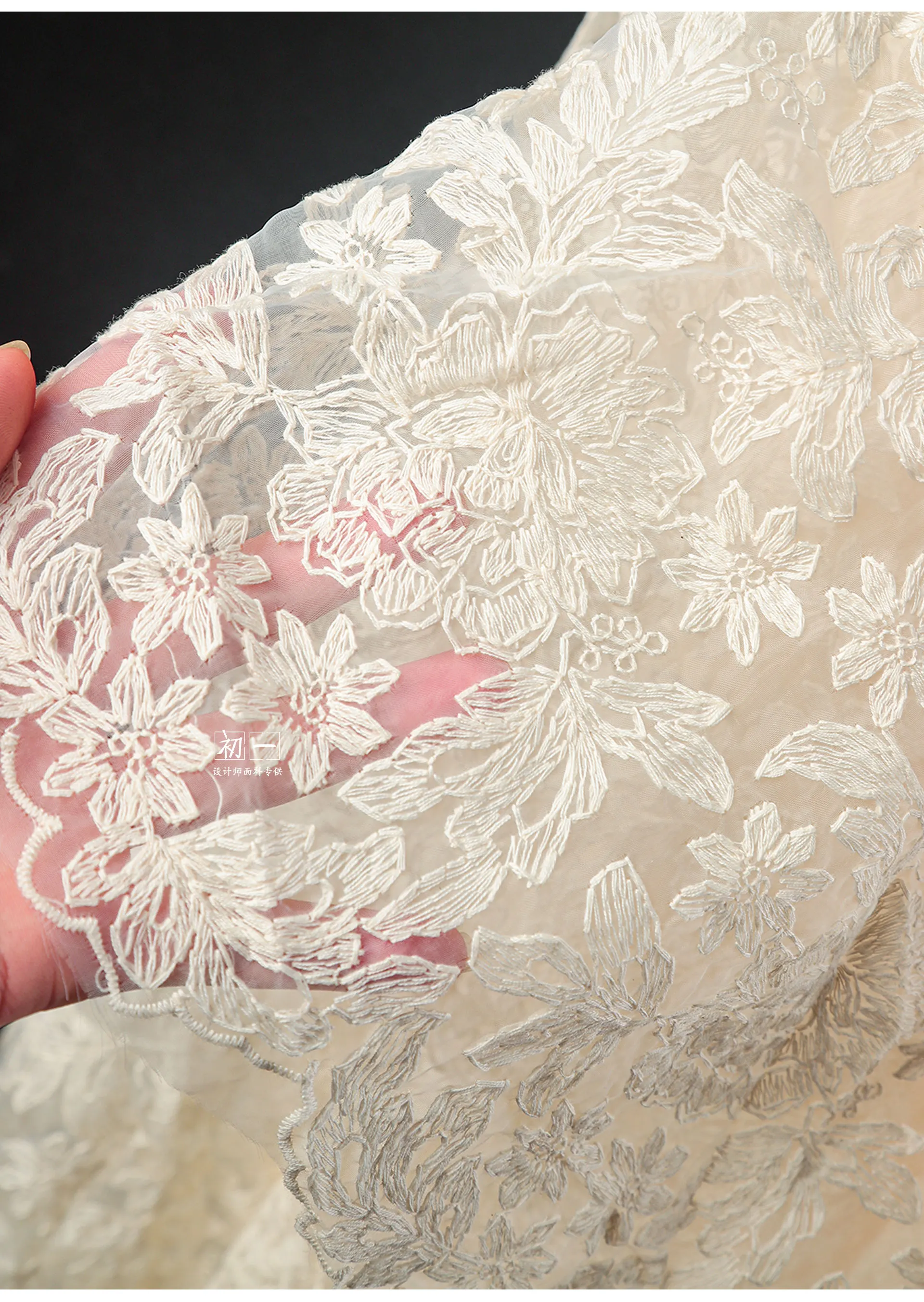 Beige Cotton Thread Embroidery Flower Mesh Lace Fabric for Dress/ Apparel Designer Sewing Fabric By The Yard