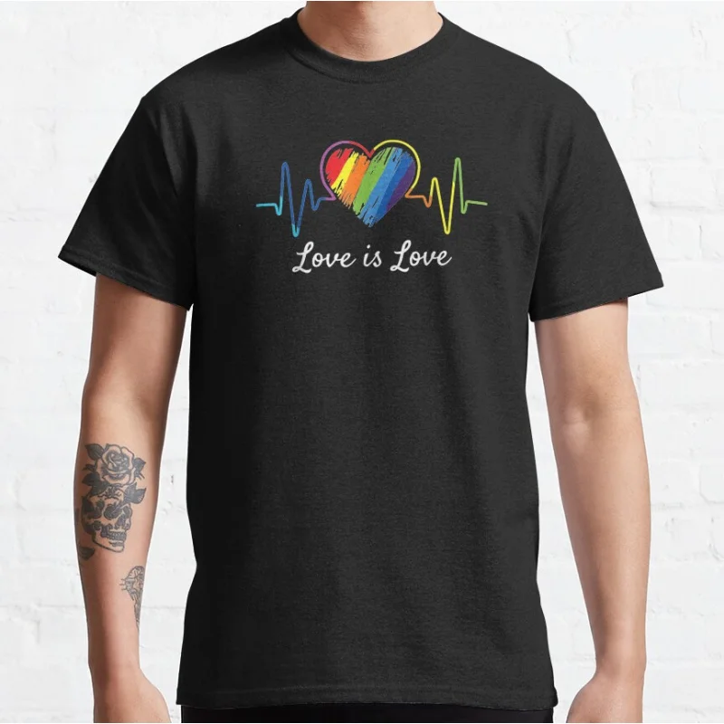 

Love is Love Heartbeat Rainbow LGBT Gay Pride lgbtq pride month gift Short-sleeve crewneck T-shirt large size Adult Tops S-6xl