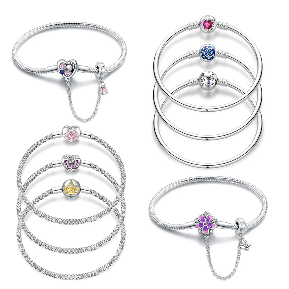 Fashion 925 Silver Multi Charm Bracelet with Crown Butterfly Lotus Heart Galaxy Moon Star and Pet Design