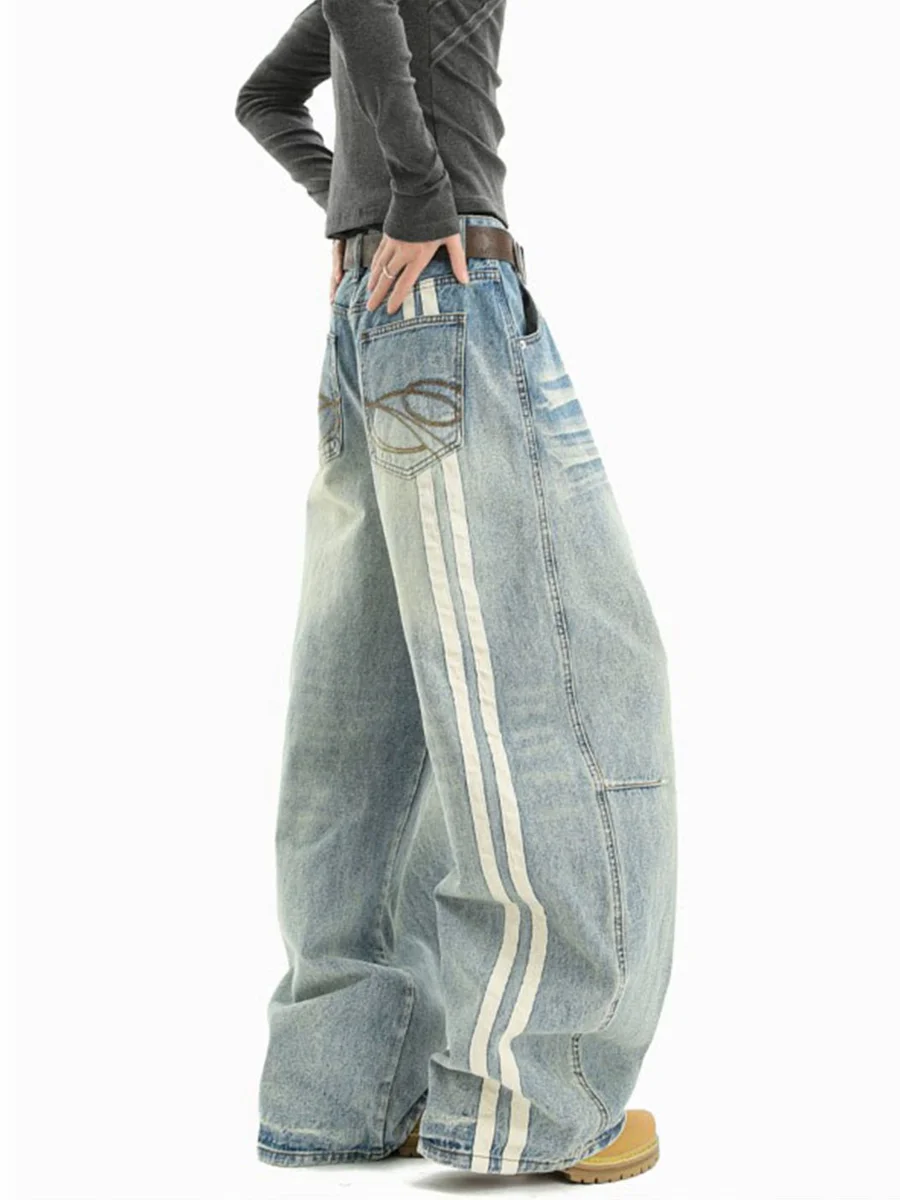 American Stripe Splicing Jeans Men Women Summer High Street Washed Long Loose Folded Straight Leg Pants