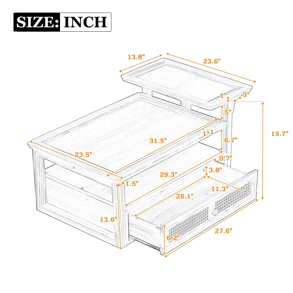 Modern Coffee Table, Coffee Table with 1 Storage Shelf, 2 Tabletops and 1 Rattan Drawer For Living Room