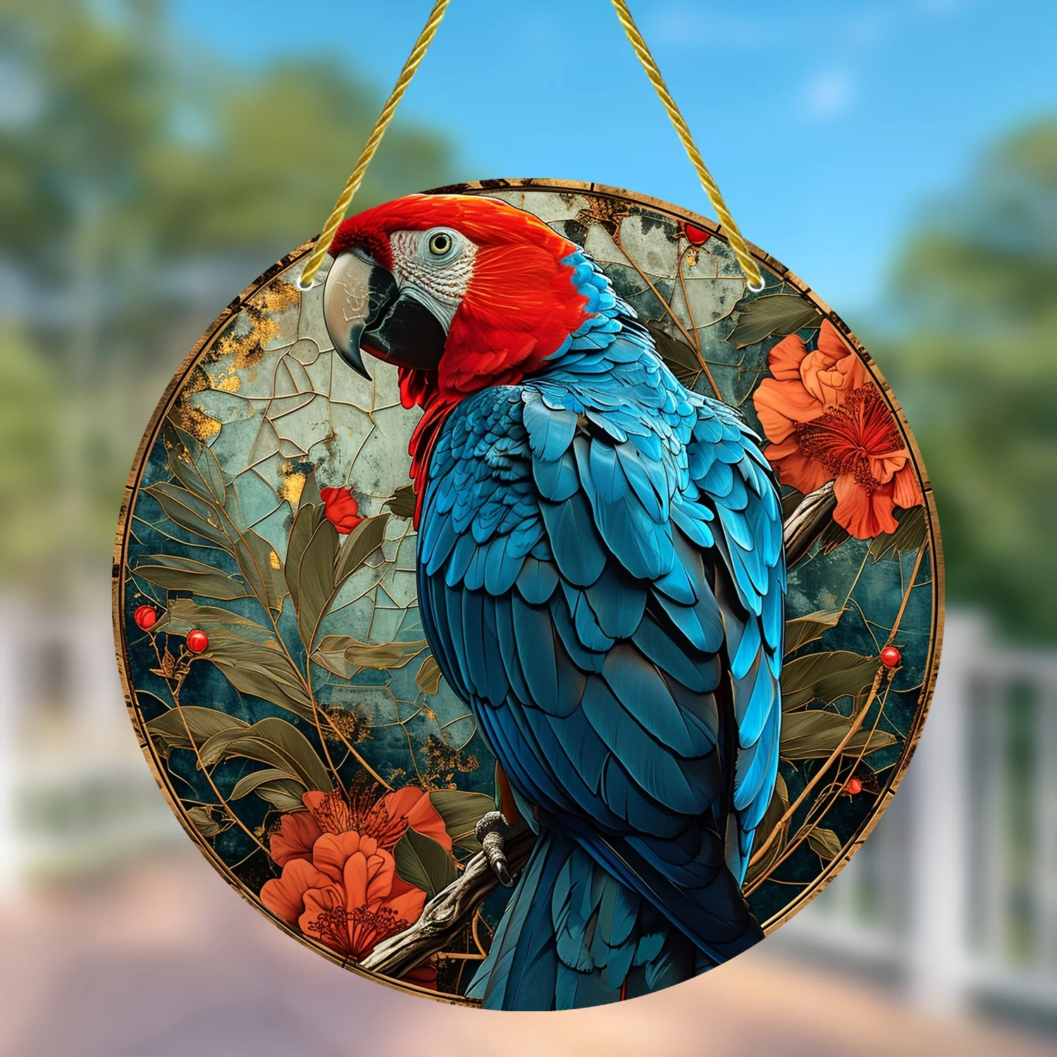 Parrot Holiday Sun Catcher, Sunshade,Vintage Stained Window Hanging Art,Acrylic Creative Round Wreath Sign, Garden, Yard, House