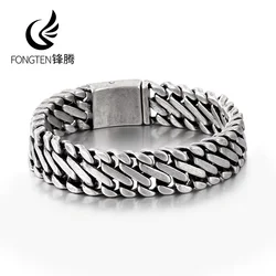 Fongten 22cm Twisted Braid Bracelet for Men Stainless Steel Cuban Chain Male Bracelets Bangle Ancient Silver Color Jewelry