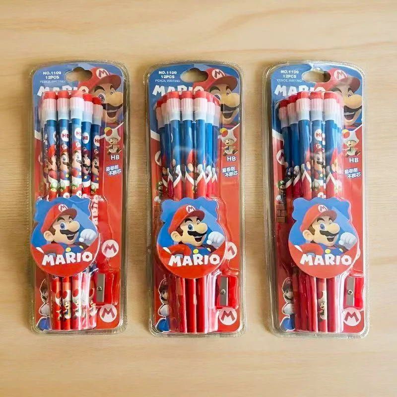 

12pc Anime Super Mario Cartoon Pencil with A Pencil Sharpener Kawaii Student Stationery Make Child Love Learning Reward Gift