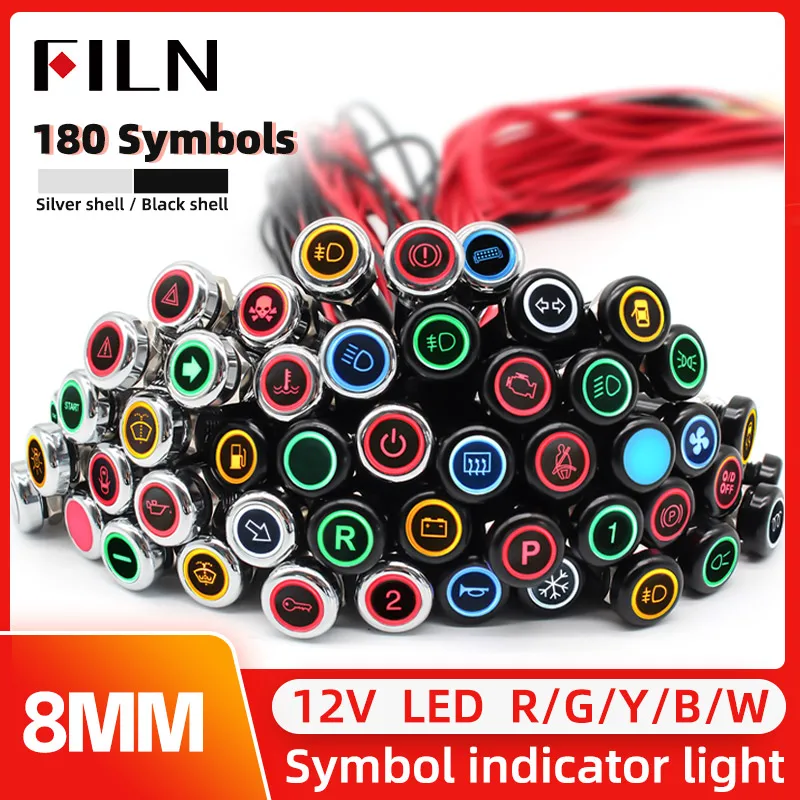 

FILN 8mm symbol LED Indicator Light 12V 24V Black Metal Indicator Dash Pilot Light with Wire Car Dashboard ruck Machinery