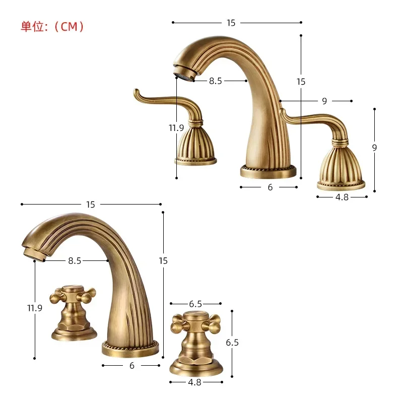 مجموعة صنبور حوض نحاسي بالكامل بتصميم كلاسيكي فرنسي: 3 قطع من فانيتي الحمام مع صنبور مقاوم لرذاذ الماء الساخن/البارد بثلاث فتحات