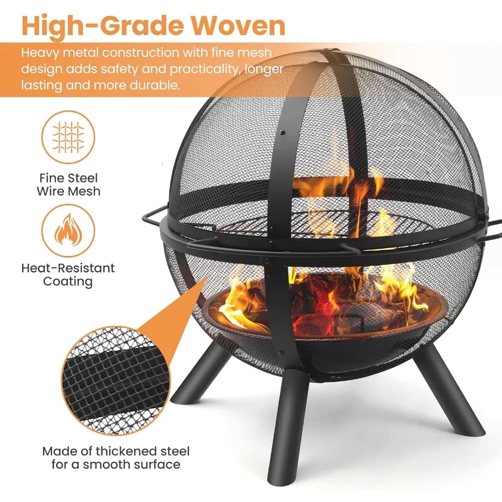 Black Outdoor Fireball with Barbecue Grill Ball, Large Circular Pit, Terrace Fireplace, 35 Inch