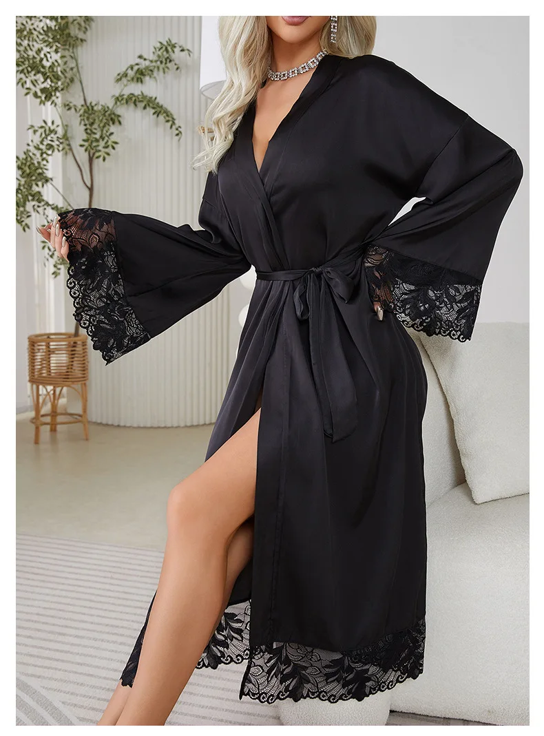 Women Robe Long Elegant Kimono Bathrobe Bride Wedding Gift Dress Lace Patchwork Nightgown Lady Loose Homewear Intimate Lingerie