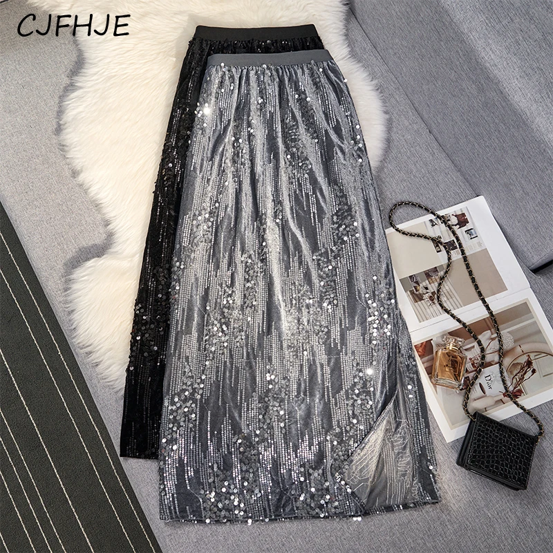 

CJFHJE Spring New Fashion Women's High Waist Mid Length A-line Skirt Korean Versatile Sequin Split Velvet Women Half Skirt