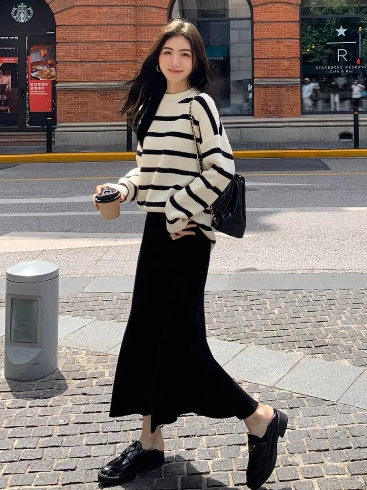 Slouchy Baggy Striped Sweaters Women All-match Casual Stylish Harajuku Japanese Style Knitwear Autumn Hipster High Street Daily