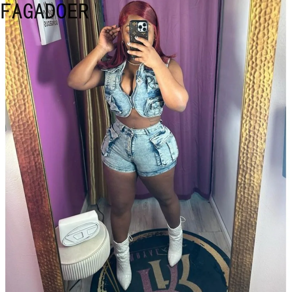 FAGADOER Fashion Denim Trend Streetwear donna Zip senza maniche tasca Crop Top e pantaloncini due pezzi set estate nuovi abiti da Cowboy