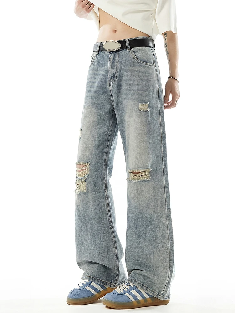 

KSTUN Men's Loose Straight Leg Jeans Ripped Elastic Waist Vintage Distressed Denim Pants Casual Streetwear Male Baggy Trousers