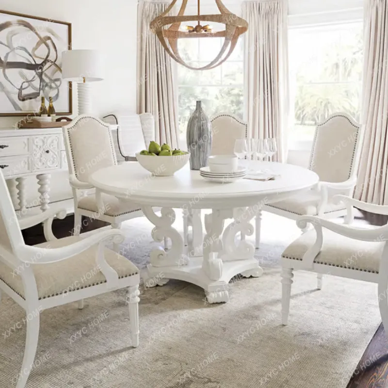 XX country solid wood dining table  retro old restaurant white round pastoral style home dining table