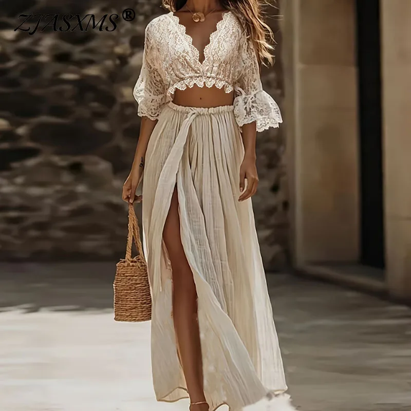 

Женский богемный кружевной комплект из двух предметов: сексуальный укороченный топ с глубоким V-образным вырезом + макси-юбка с высокой талией и разрезом, наряд для отпуска, с расклешенными рукавами, ажурный костюм