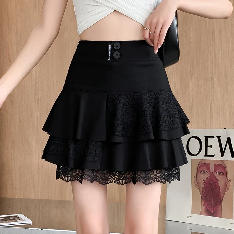 

Women Elasticity Waist Mini Skirt Ladies Lace Skirt Ladies Casual Summer Fashion Cake Skirts Black Femme Pleated Skirts A196